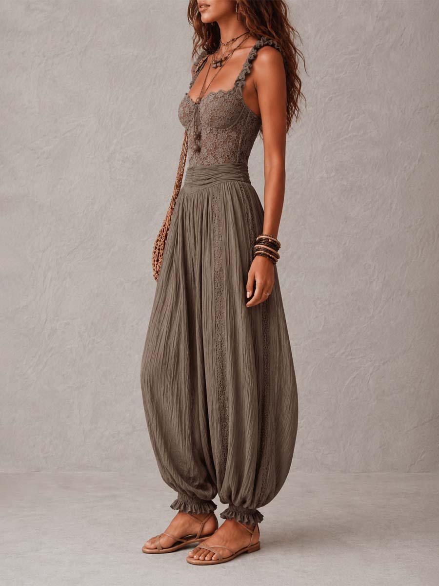 Nieves - Conjunto de bandeau de encaje gris y pantalones harem de algodón plisados
