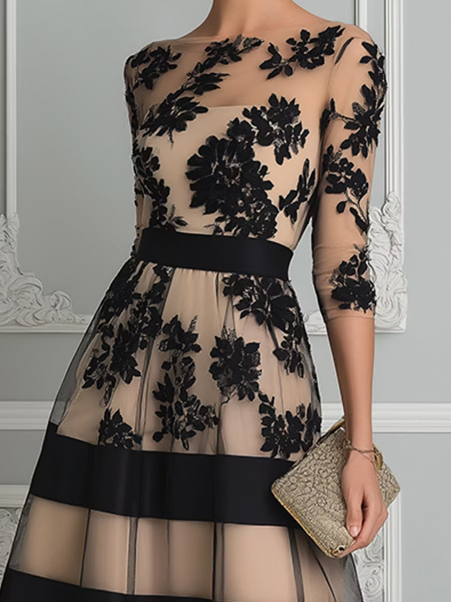 Vestido Midi A Línea Elegante en Encaje Negro