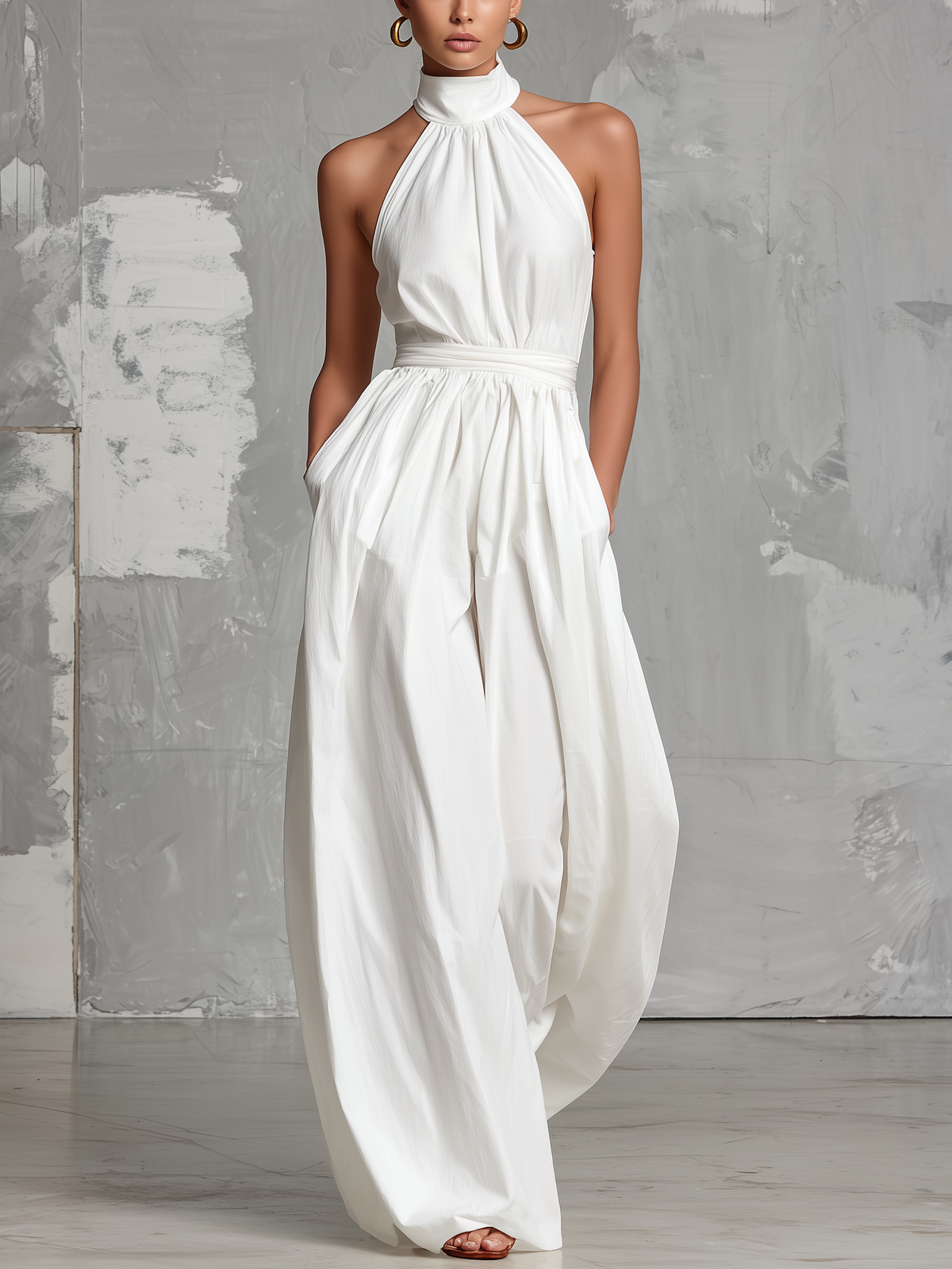Zoltán | Elegante mono blanco tejido sin mangas con cuello halter