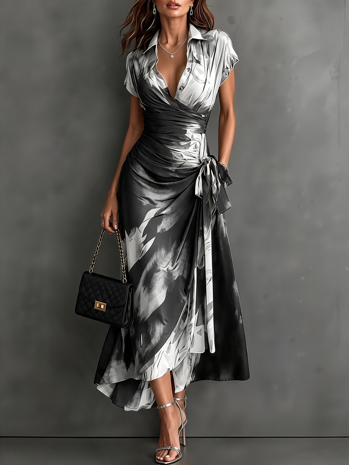 Ariadna - Vestido midi cruzado con estampado abstracto rojo y negro.