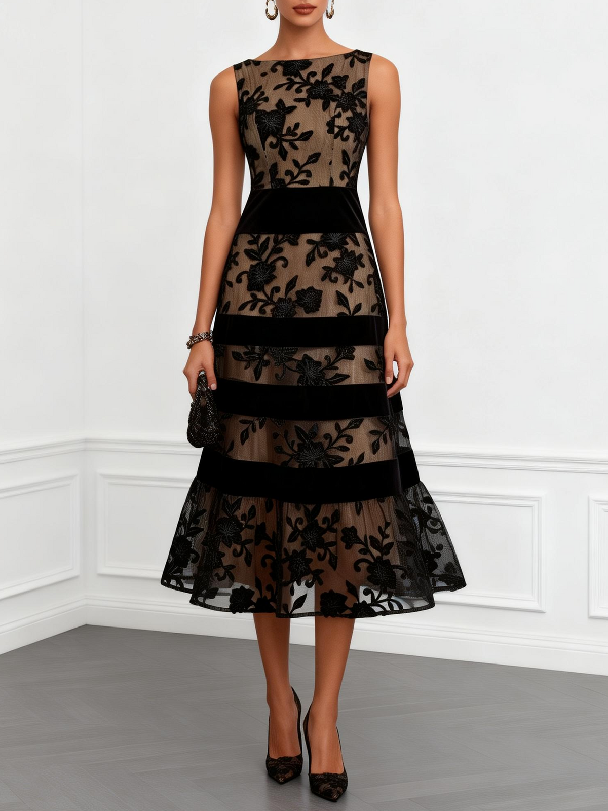 Vestido Midi A-Line Sin Mangas en Red Negra con Flores