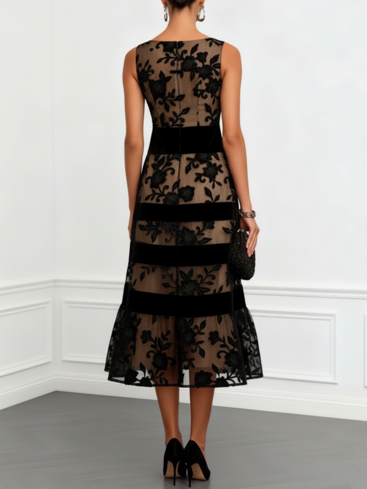 Vestido Midi A-Line Sin Mangas en Red Negra con Flores