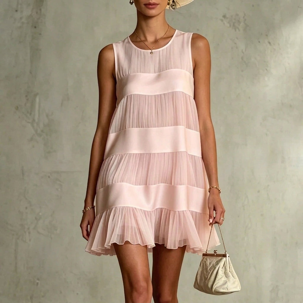 Estrella Vestido Mini de Chiffon Rosa Claro Plisado con Diseño de Capas y Patchwork
