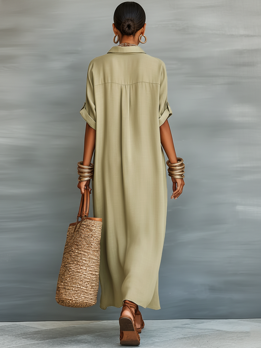 Mireia - Vestido largo oliva de líneas minimalistas