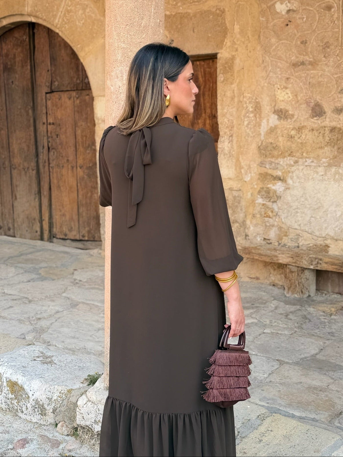 Andrea | Vestido Gasa Liso Marrón