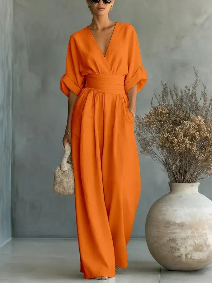 Jumpsuit Elegante de Cuello en V y Cintura Alta