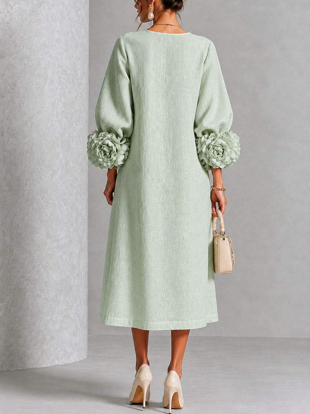 Vestido Midi Mística Salvia con Botones de Flores y Mangas de Flores Extravagantes