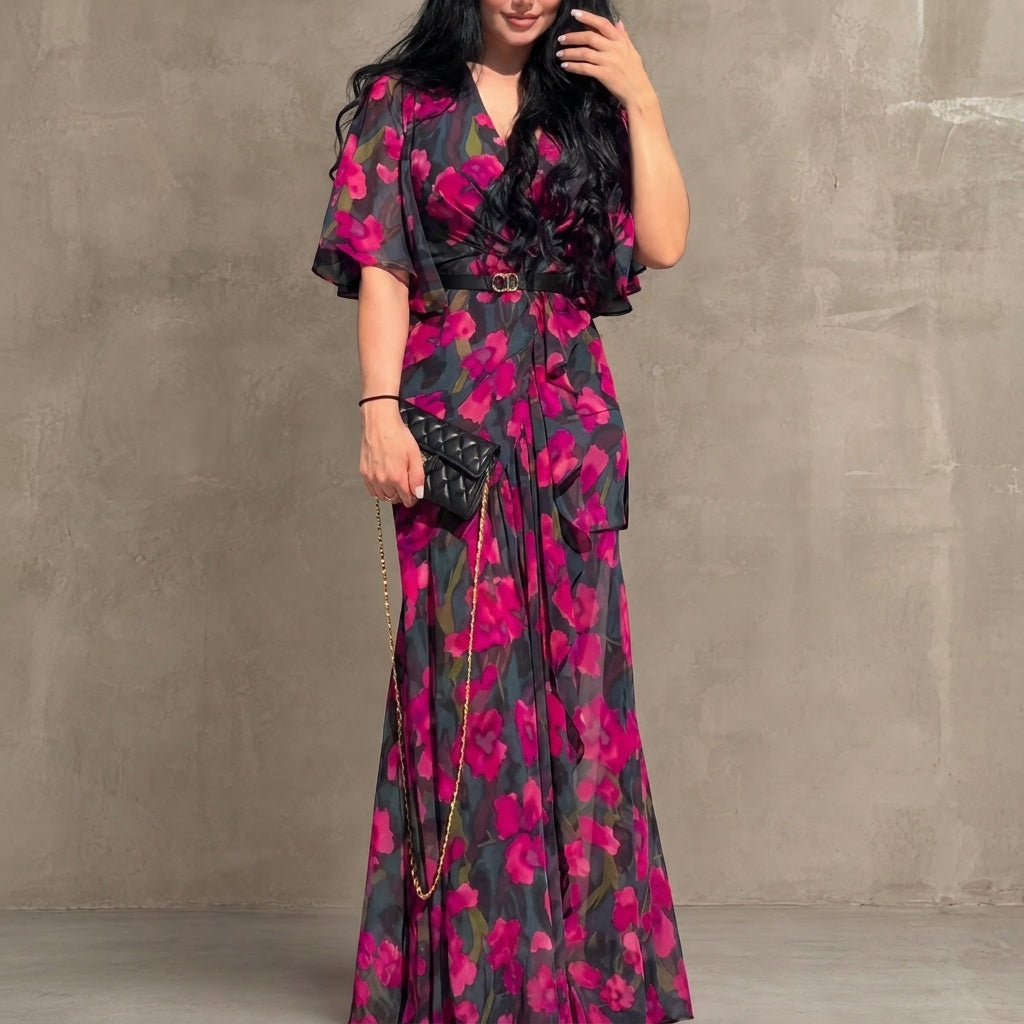 Vestido impreso de manga trompeta con escote en V