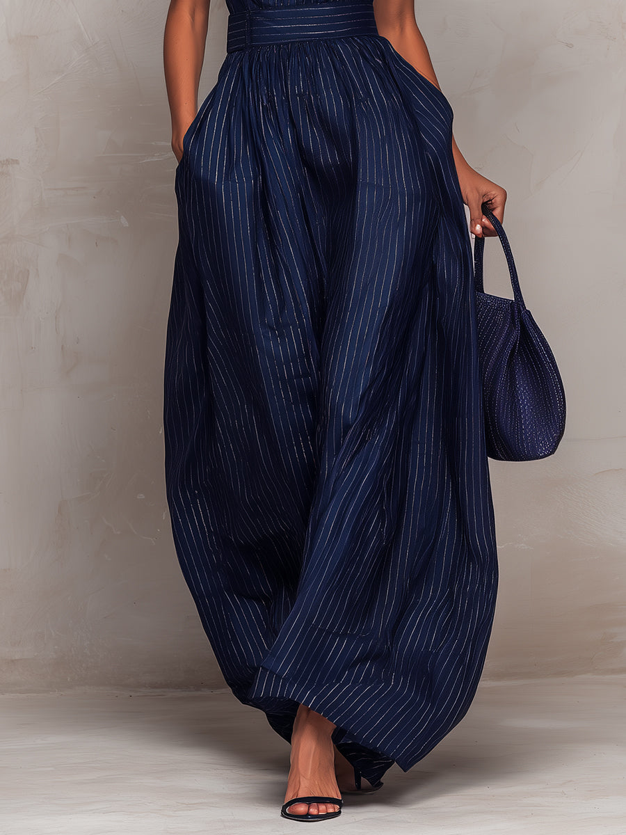Anna ¦ Mono azul oscuro a rayas con escote de llave y pantalones de pierna ancha