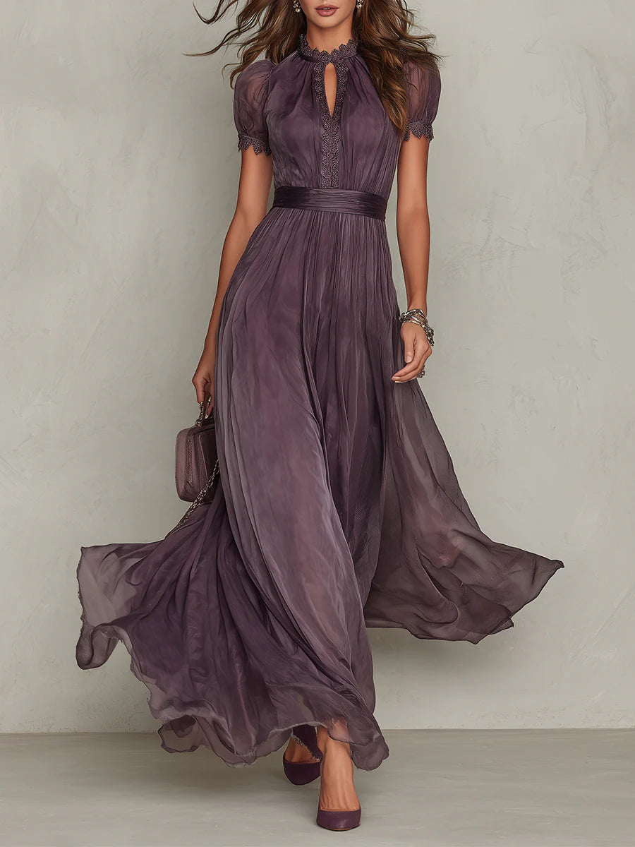 Vestido Maxi de Chifón con Cuello Abierto Violeta