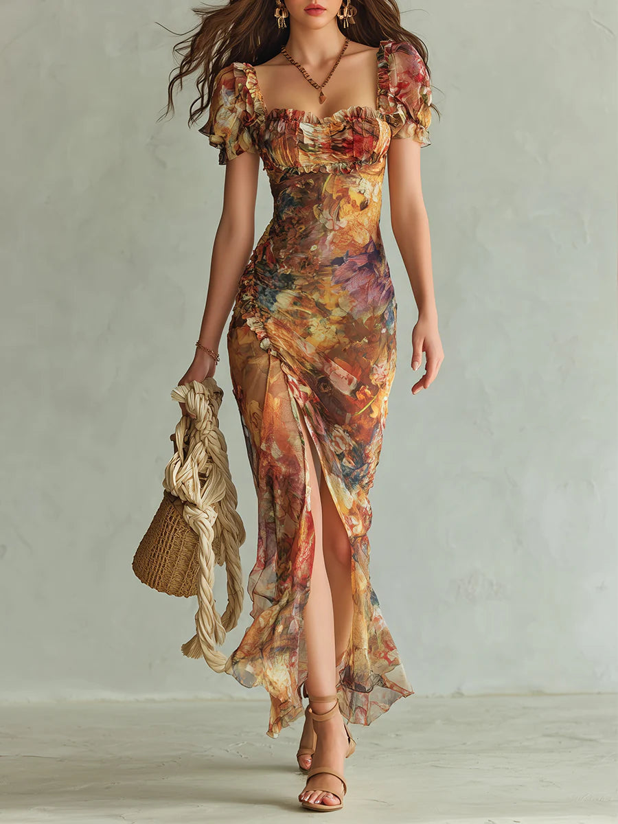 Vestido Maxi en Chiffon Naranja Estampado al Óleo