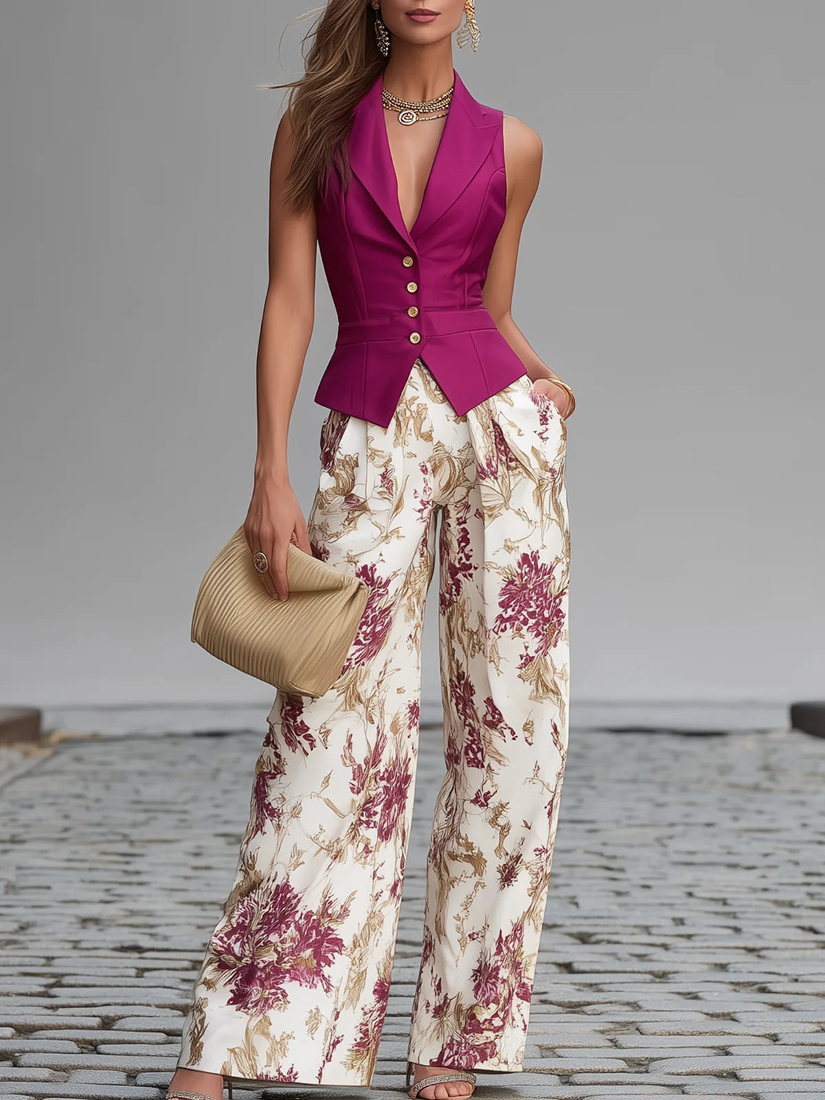 Conjunto Chaleco Rosa y Pantalones Amplios con Flores