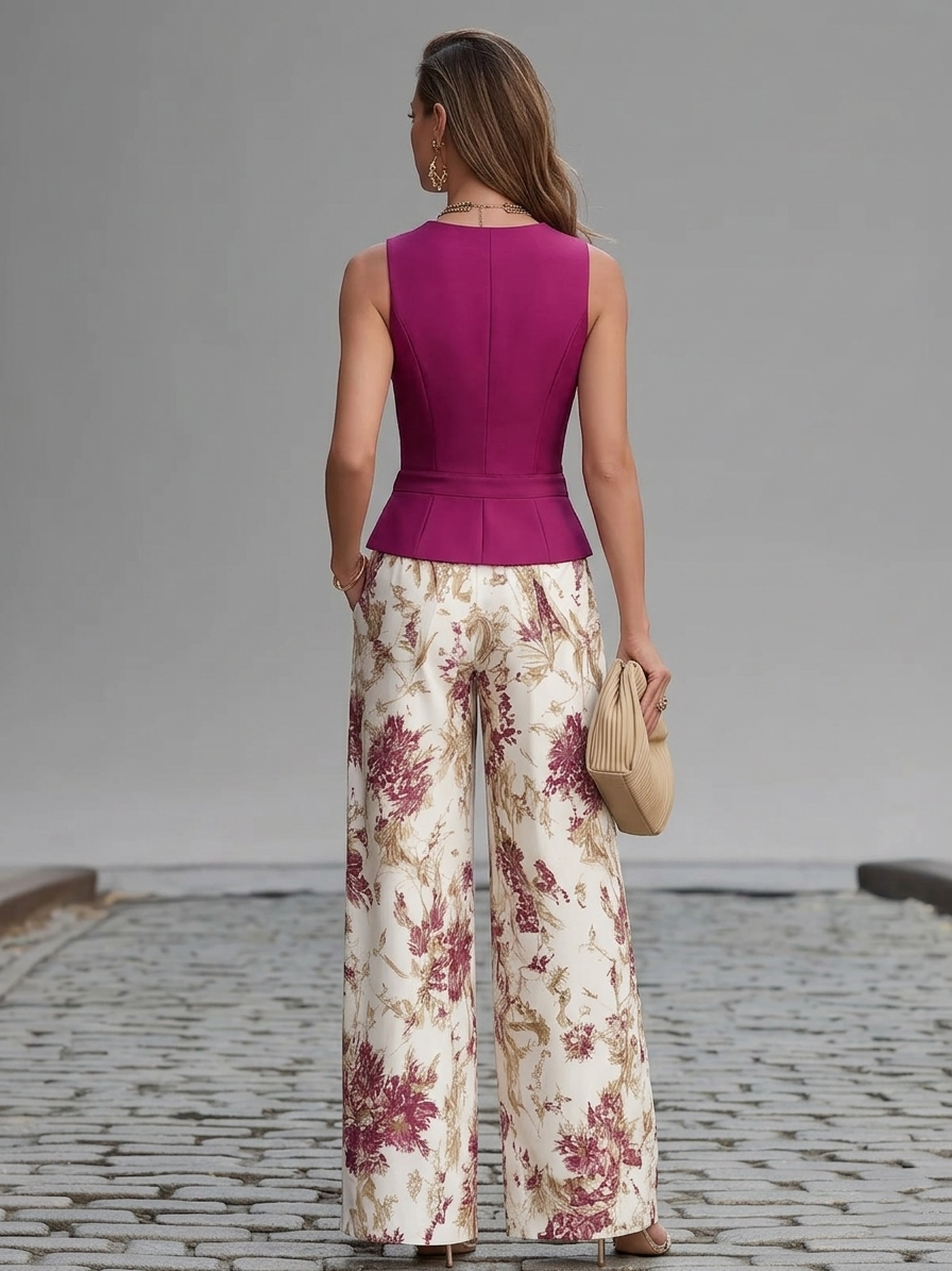 Conjunto Chaleco Rosa y Pantalones Amplios con Flores