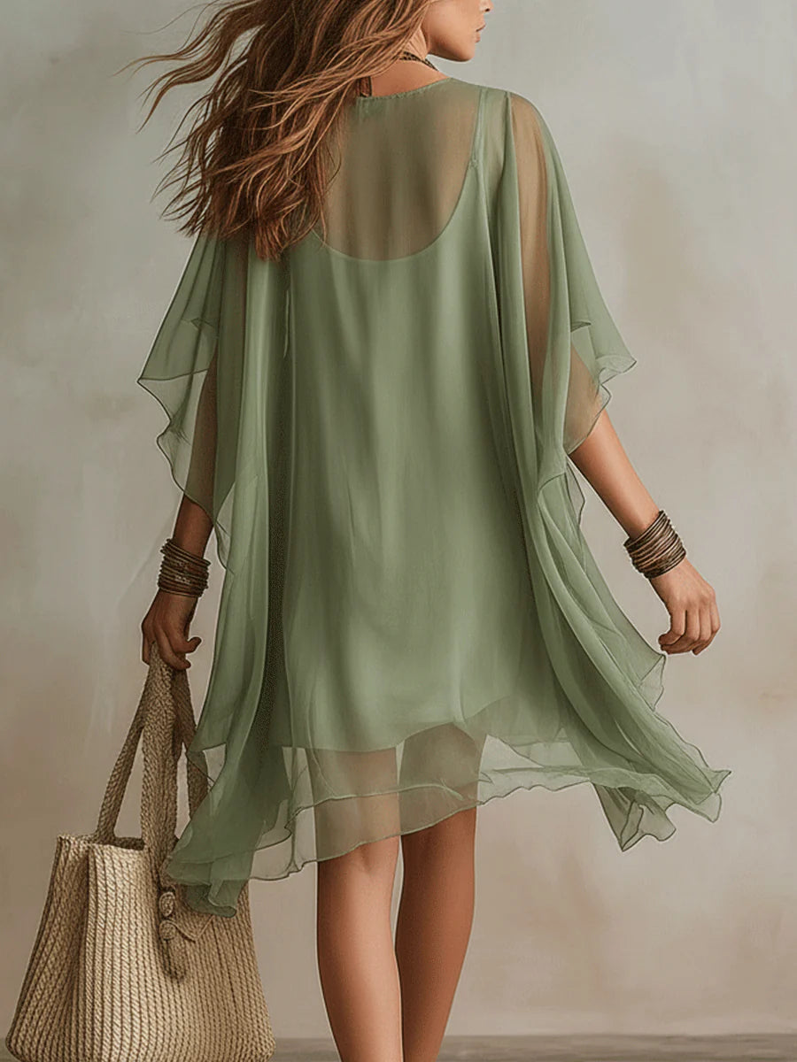 Vestido Mini Flotante en Chiffon Verde con Escote en V