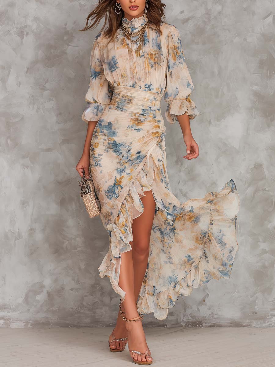 Vestido Maxi en Chiffon Irregular con Estampado Floral