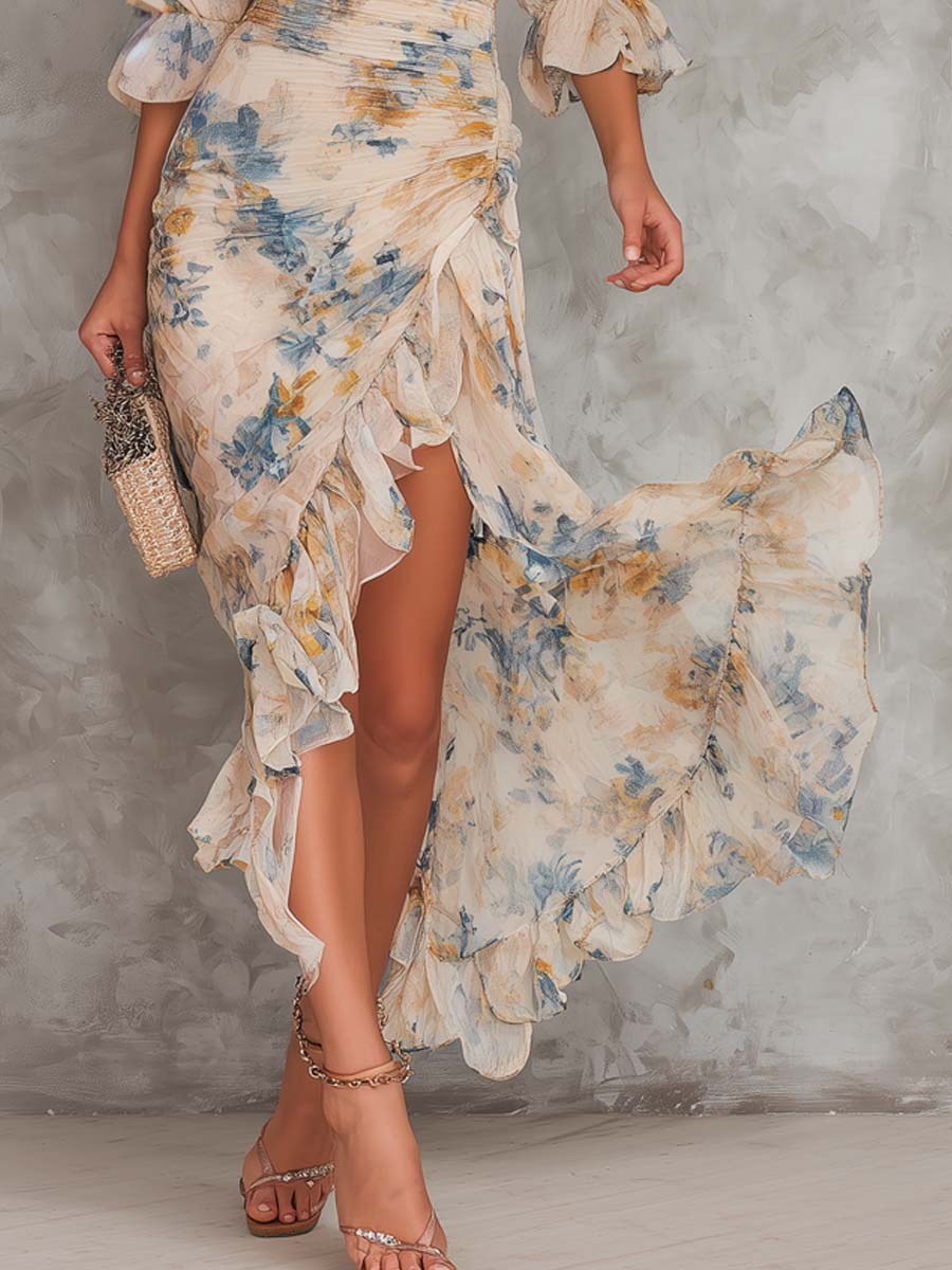 Vestido Maxi en Chiffon Irregular con Estampado Floral