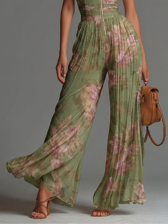 Mono de Chiffon Verde Floral Sin Mangas con Cremallera