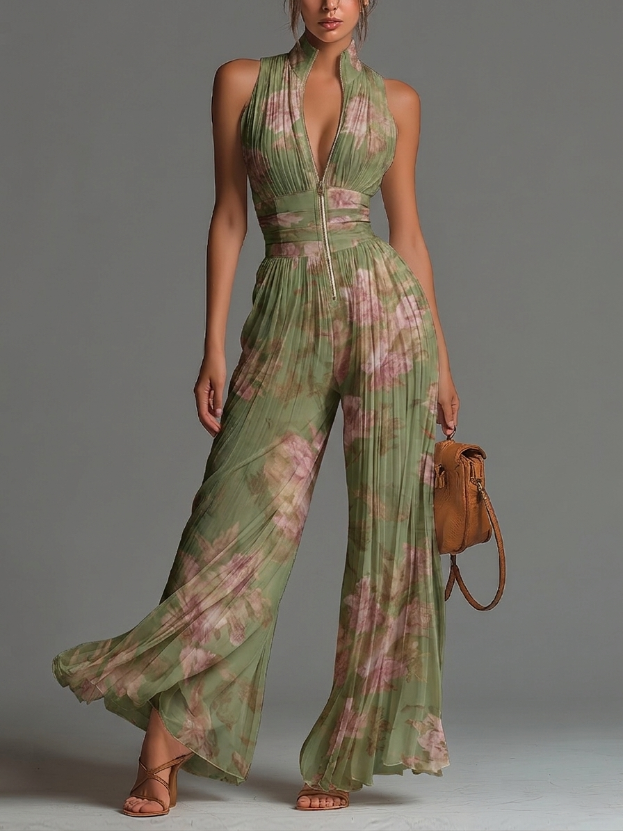 Mono de Chiffon Verde Floral Sin Mangas con Cremallera