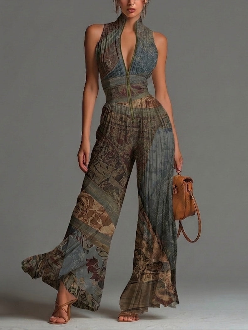 Mono de Chiffon Sin Mangas con Cremallera y Pliegues de Estampado Étnico Bohemio