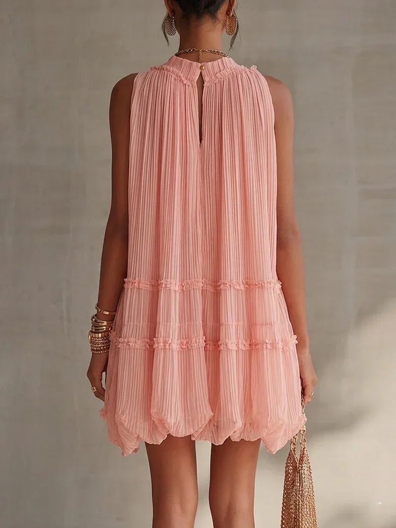 Magdalena Vestido Mini de Chiffon Rosa a Rayas con Escote Halter