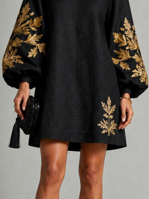 Sofia | Vestido Midi Suelto de Cuello Redondo con Mangas Farol, Negro y Dorado