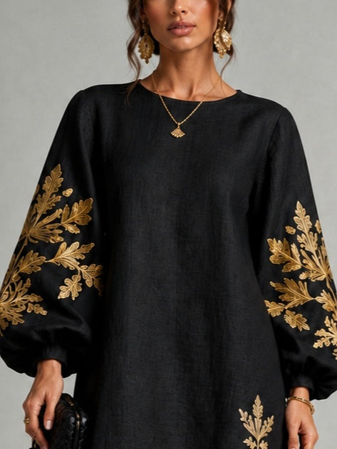 Sofia | Vestido Midi Suelto de Cuello Redondo con Mangas Farol, Negro y Dorado