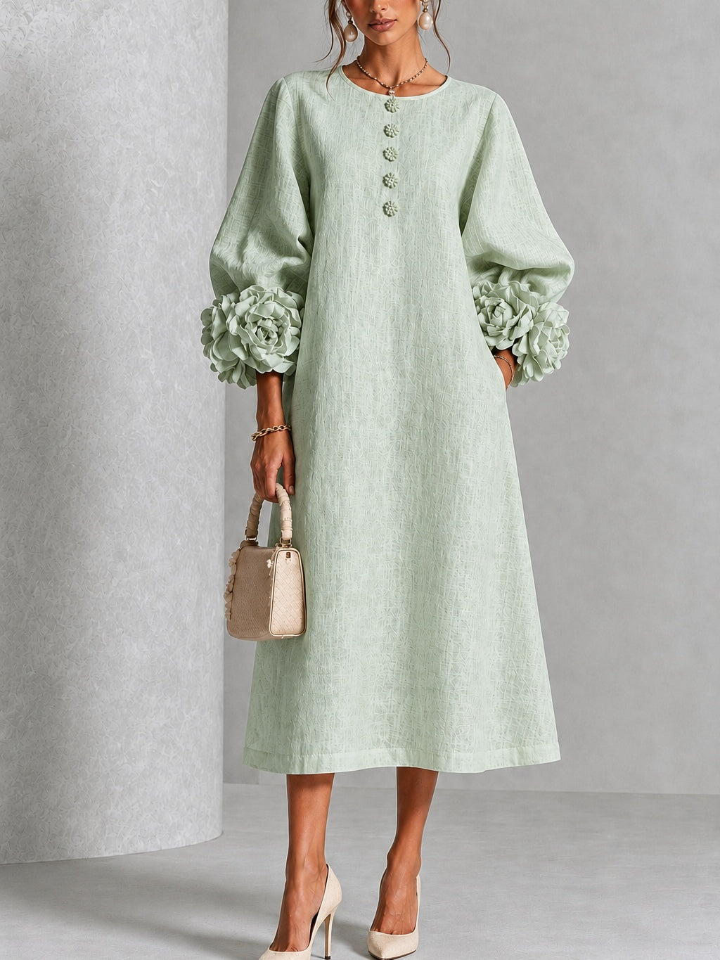 Vestido Midi Mística Salvia con Botones de Flores y Mangas de Flores Extravagantes