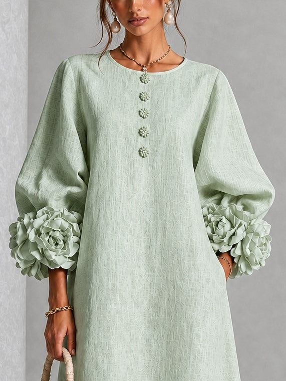 Vestido Midi Mística Salvia con Botones de Flores y Mangas de Flores Extravagantes
