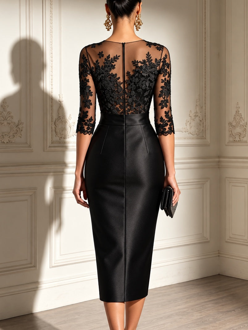 Lara | Vestido Midi de Satén con Mangas de Tul y Lazo de Encaje Negro