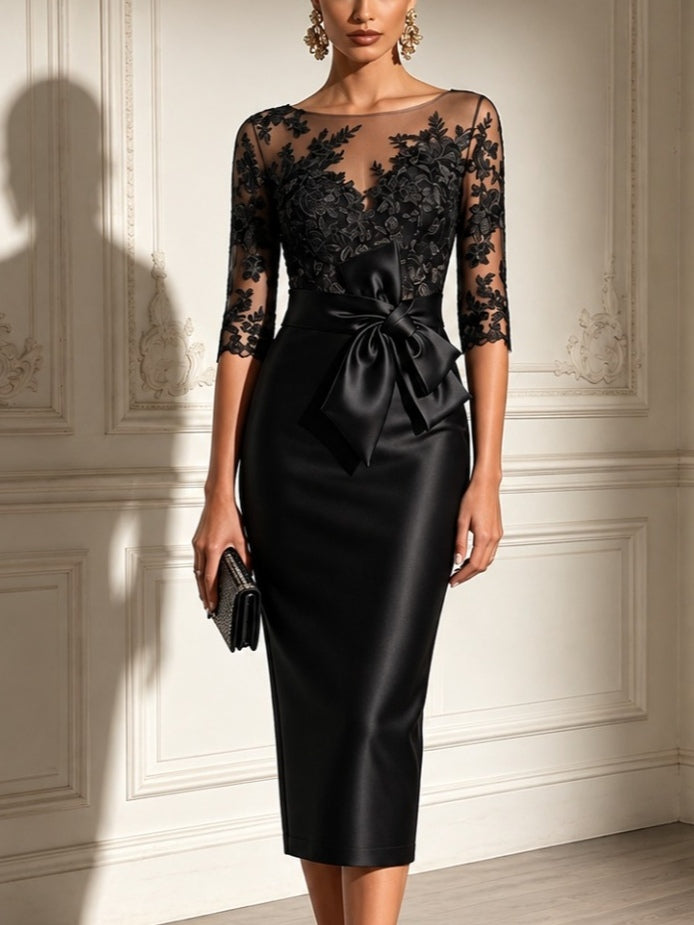Lara | Vestido Midi de Satén con Mangas de Tul y Lazo de Encaje Negro