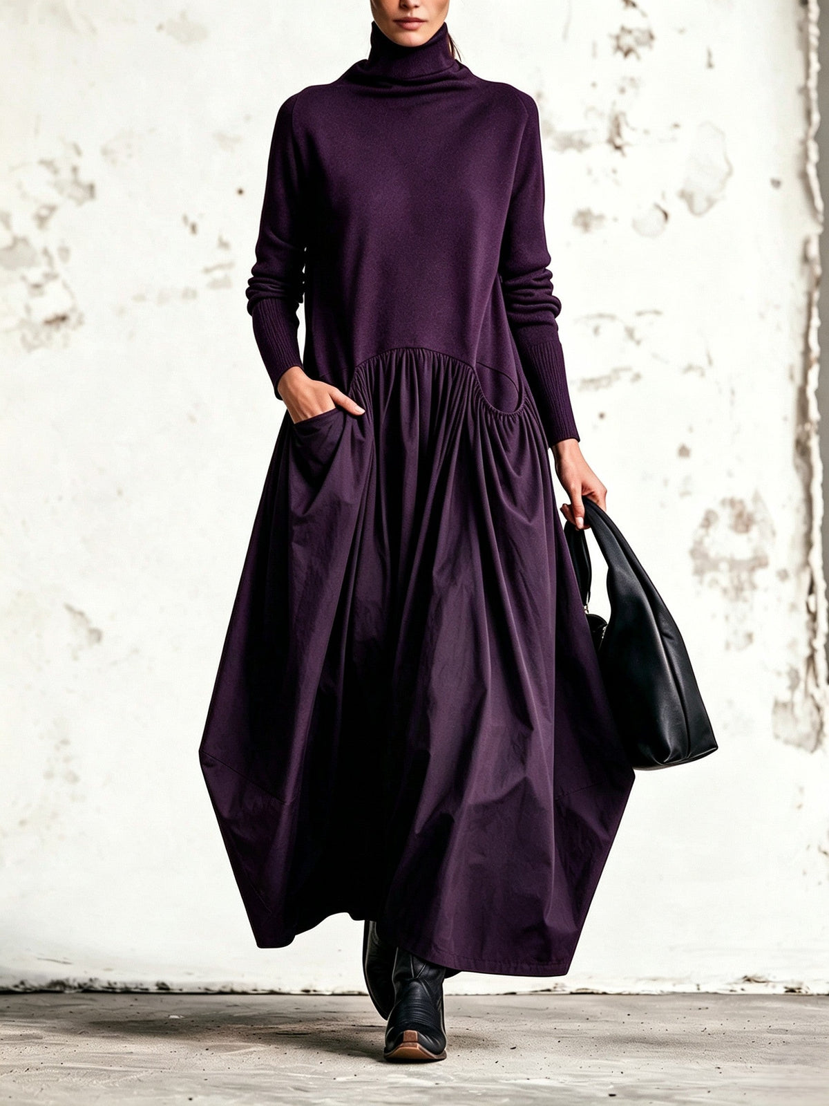 Sara | Vestido Maxi Oversized Negro con Detalle en Bolsillo y Cuello Alto