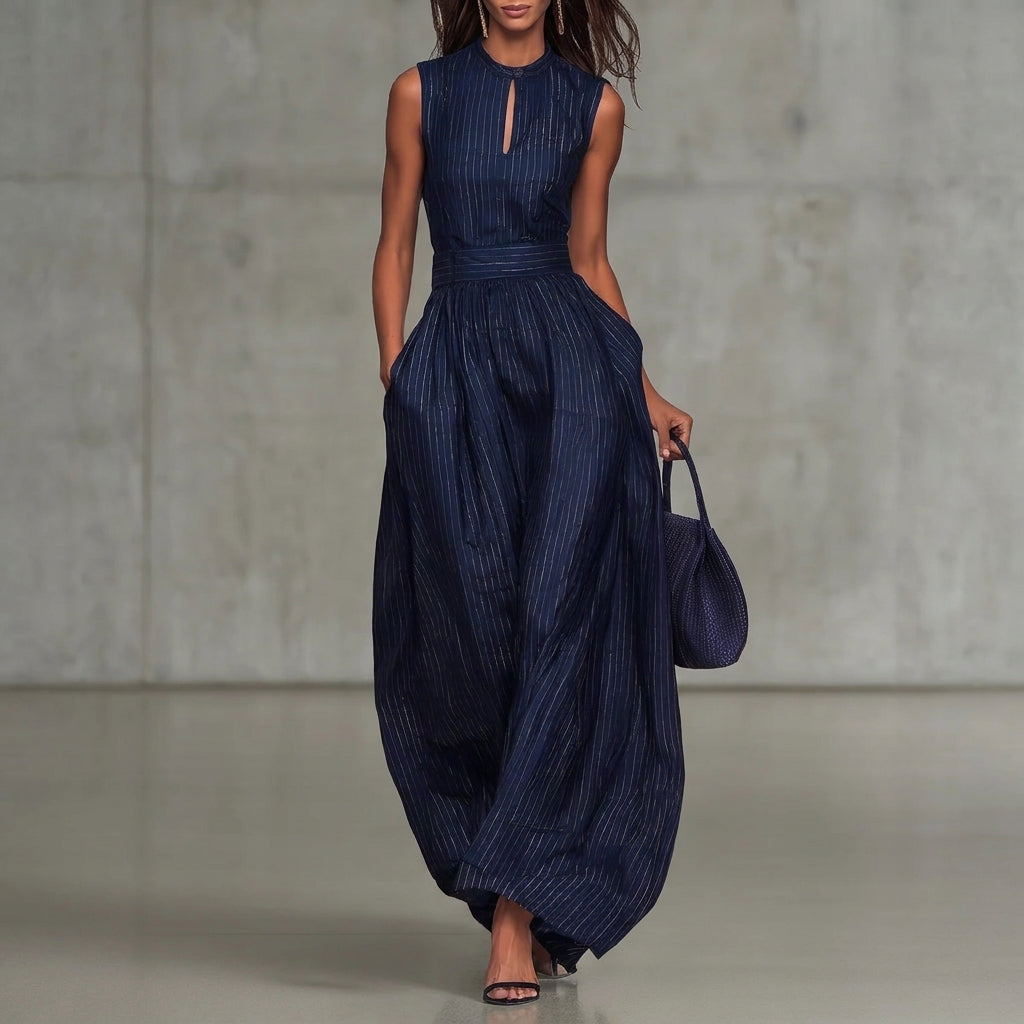 Anna ¦ Mono azul oscuro a rayas con escote de llave y pantalones de pierna ancha