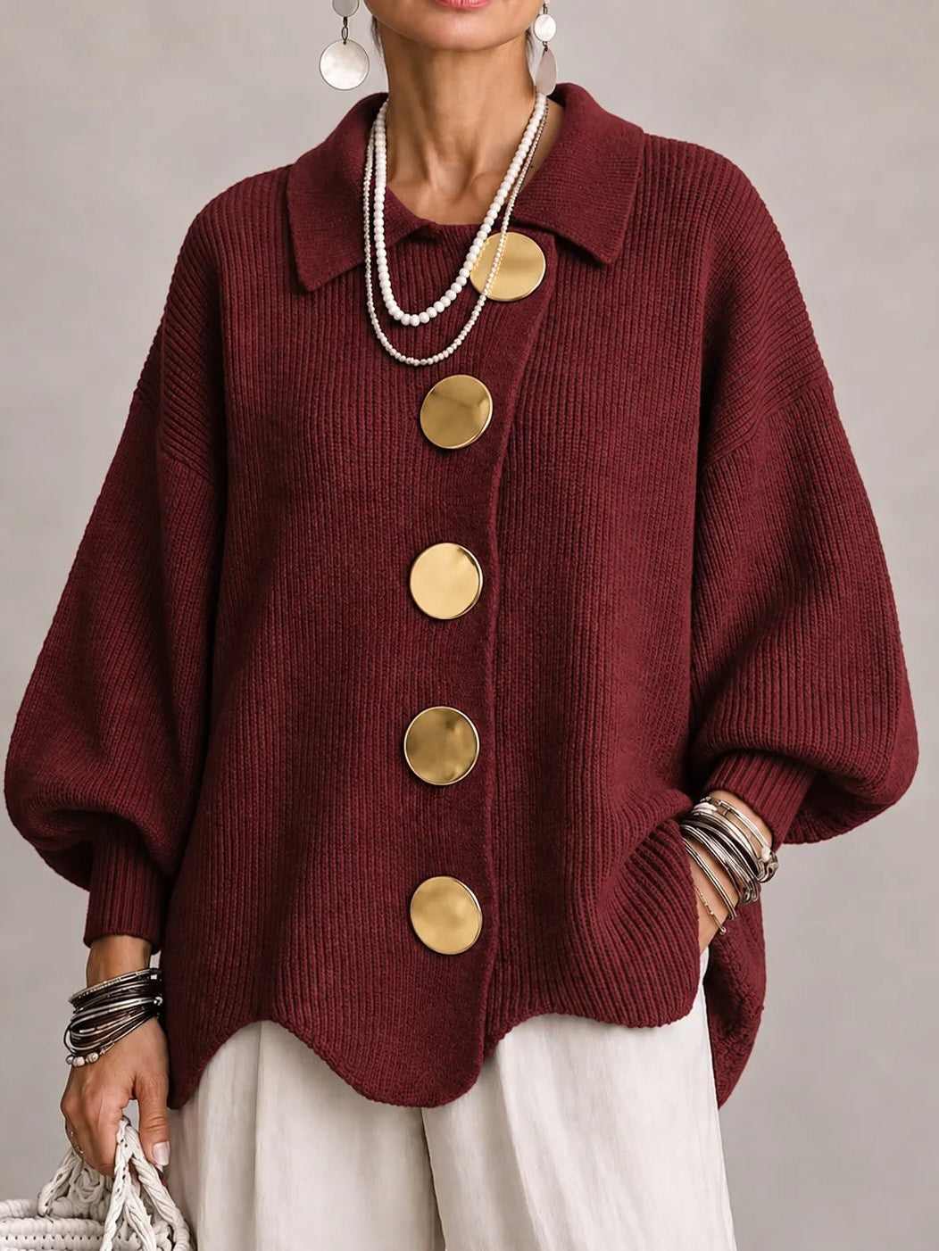 Loredana | Cárdigan Oversize de Canalé con Bajo Festoneado, Burdeos