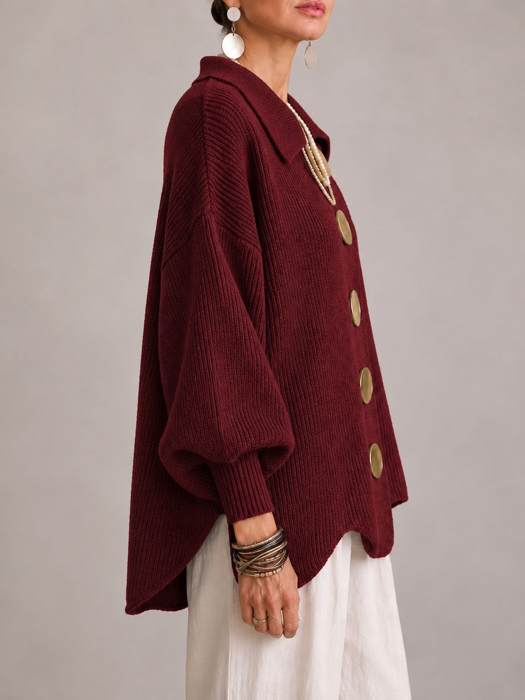 Loredana | Cárdigan Oversize de Canalé con Bajo Festoneado, Burdeos