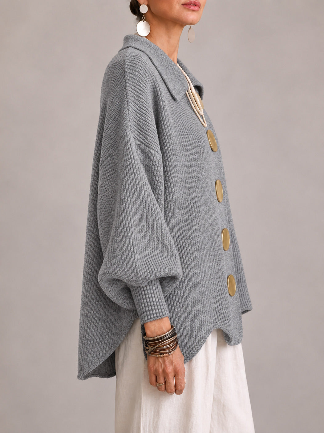 Rosanna | Cárdigan Oversize de Canalé con Bajo Ondulado, Gris