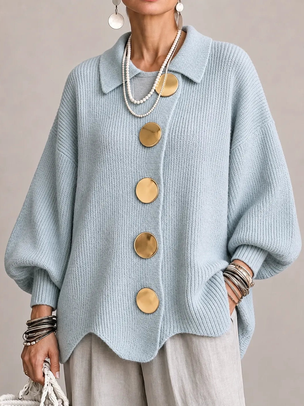 Oriana | Cárdigan Oversize de Punto con Dobladillo Ondulado, Azul Polvo