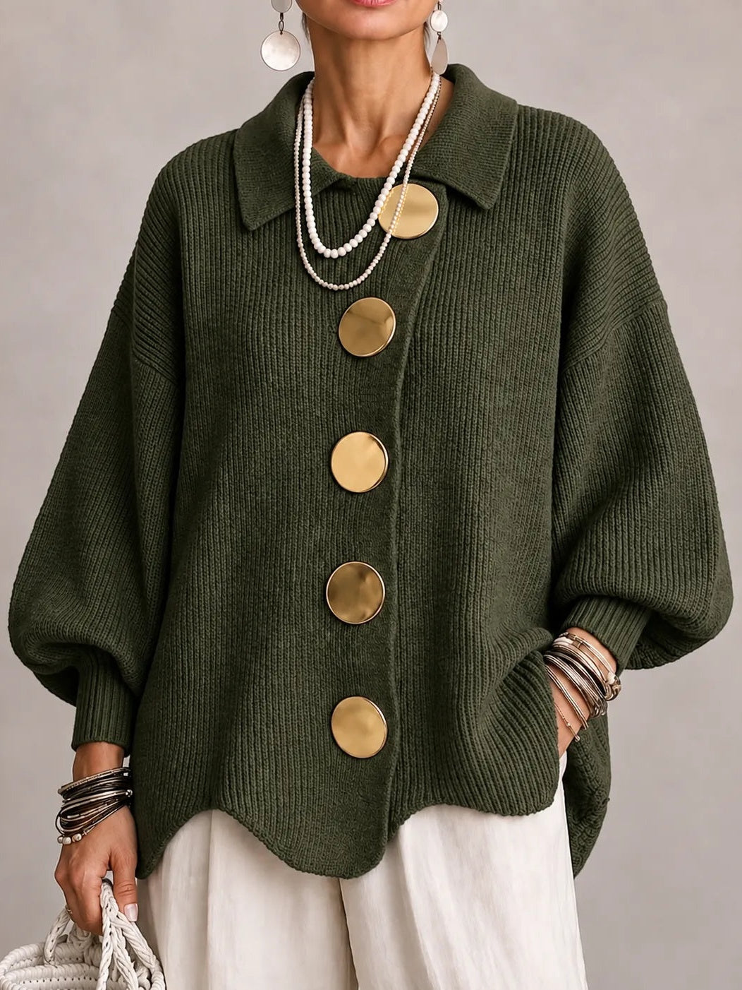 Elvira | Cárdigan Oversize de Punto con Dobladillo Festoneado, Verde Oliva