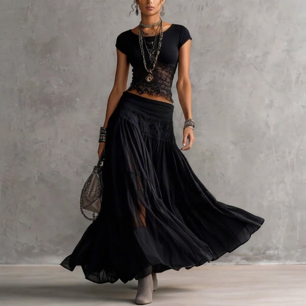 Conjunto Top en Encaje Negro Transparente y Falda Maxi Plisada
