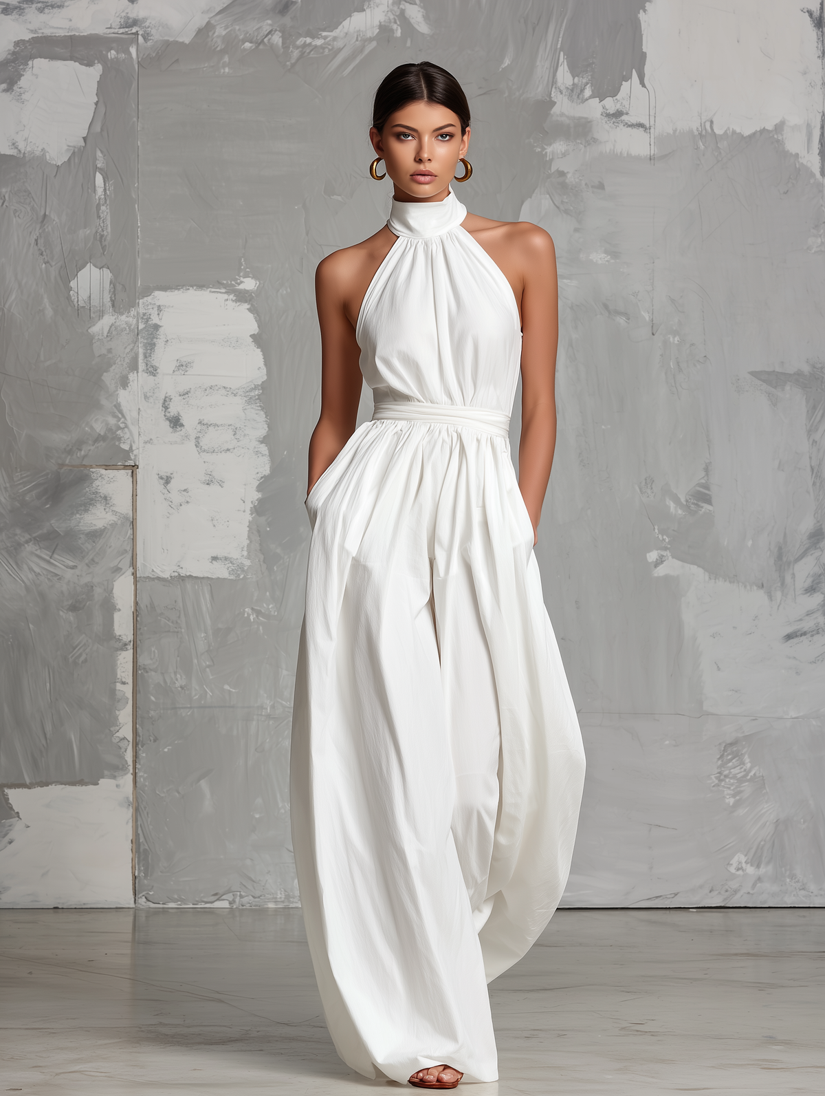 Zoltán | Elegante mono blanco tejido sin mangas con cuello halter