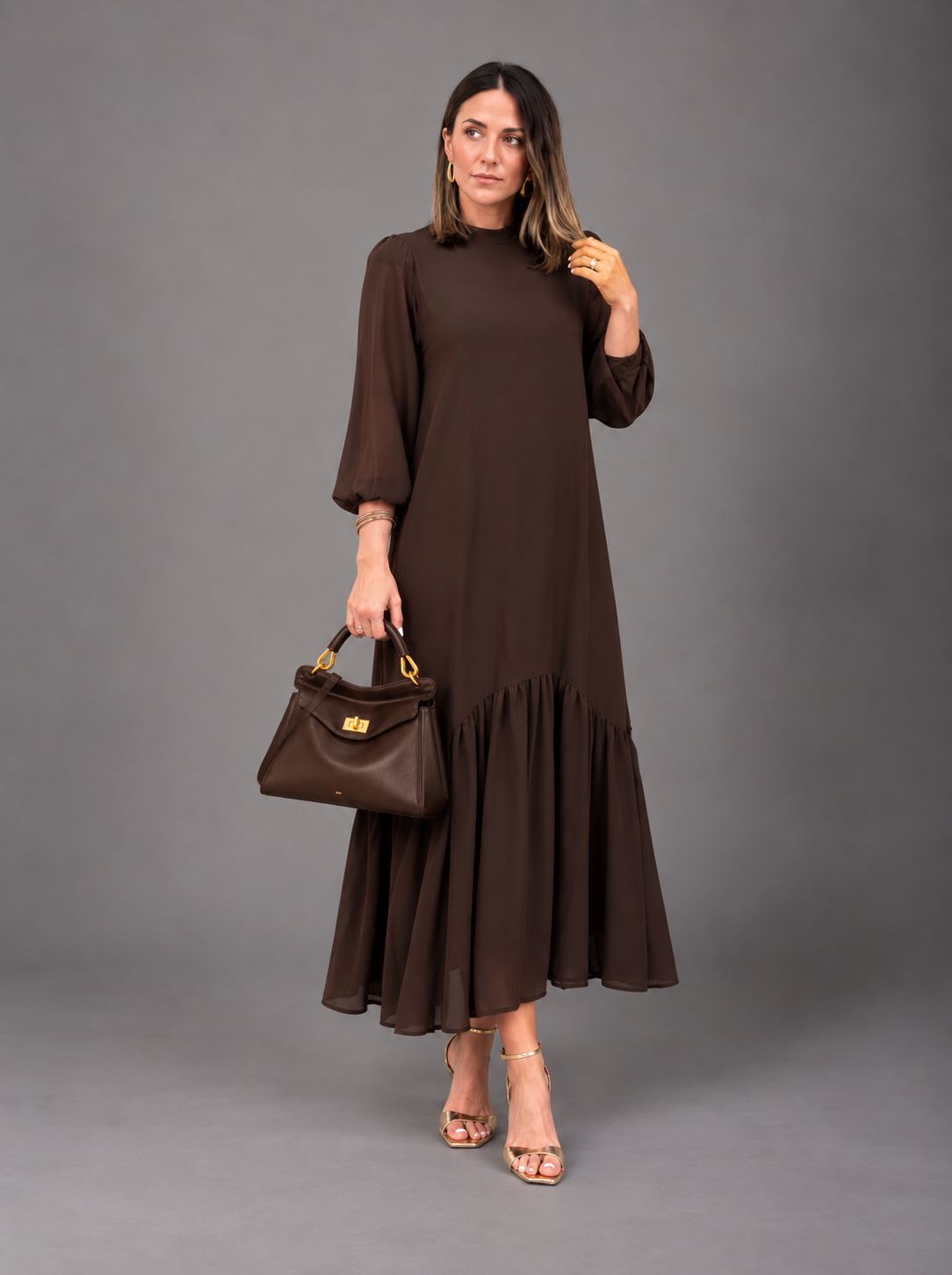 Andrea | Vestido Gasa Liso Marrón