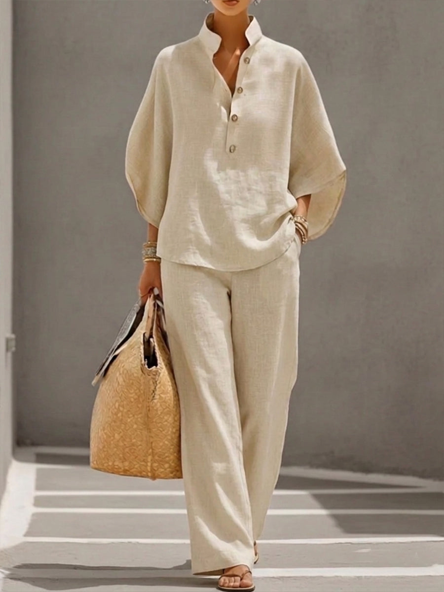 Eszter – Conjunto de algodón-lino con mangas de murciélago y pantalones de pierna ancha