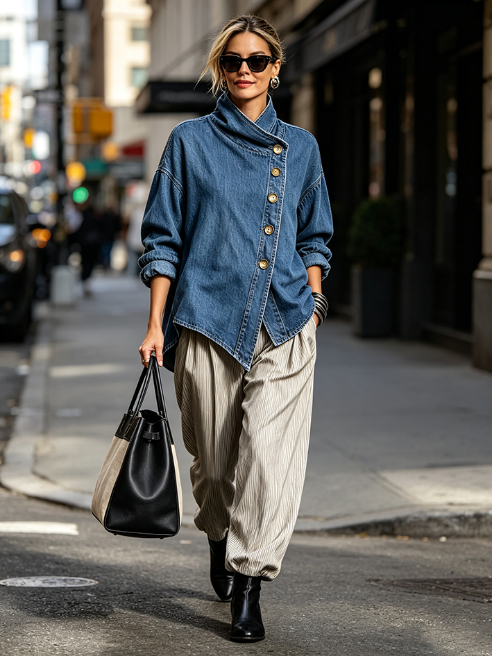 Isotta | Camisa Oversize de Denim con Abotonadura Diagonal, Azul