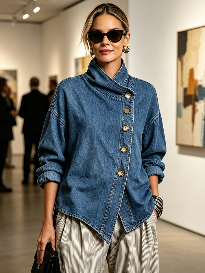Isotta | Camisa Oversize de Denim con Abotonadura Diagonal, Azul