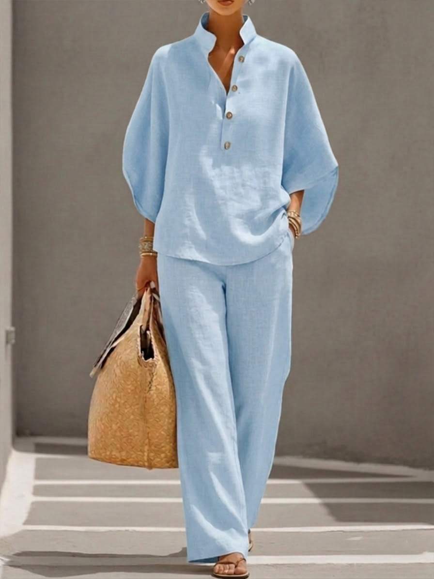 Eszter – Conjunto de algodón-lino con mangas de murciélago y pantalones de pierna ancha