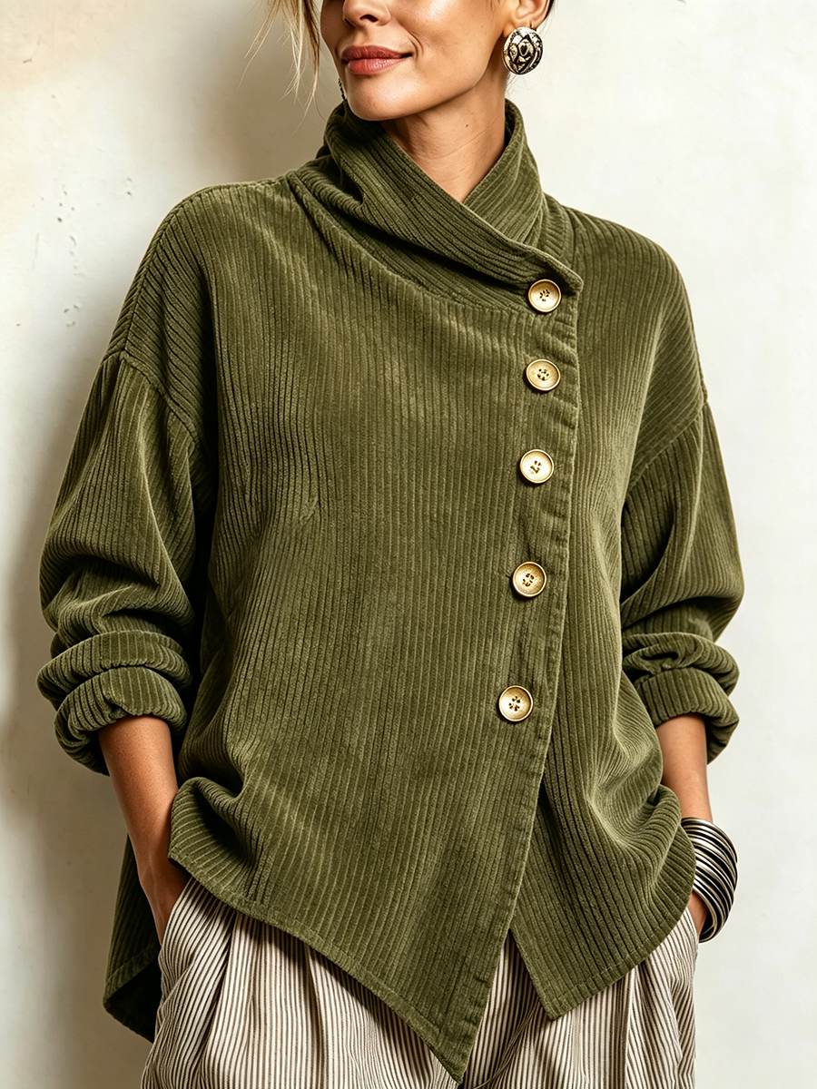 Lucilla | Top de Terciopelo Acanalado con Abotonadura Diagonal, Verde Oliva