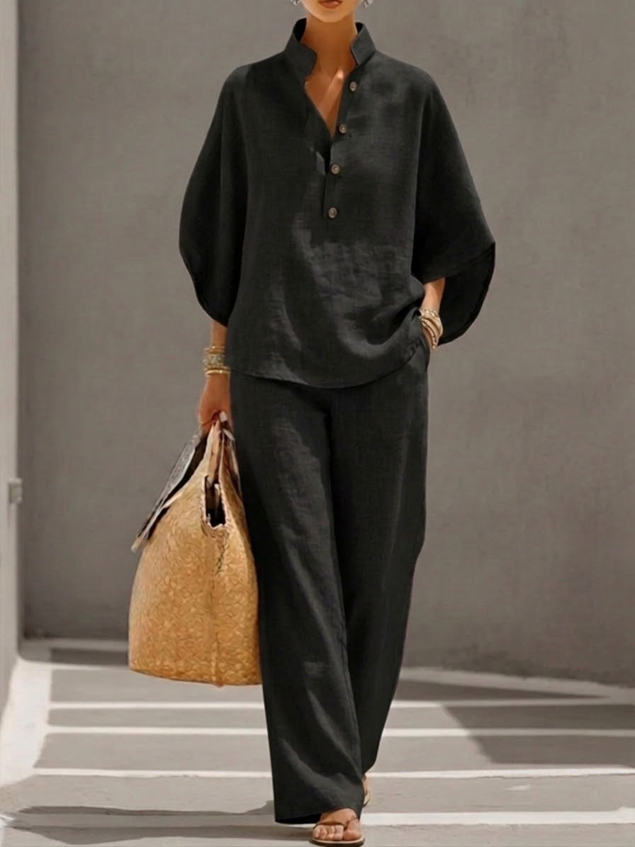 Eszter – Conjunto de algodón-lino con mangas de murciélago y pantalones de pierna ancha
