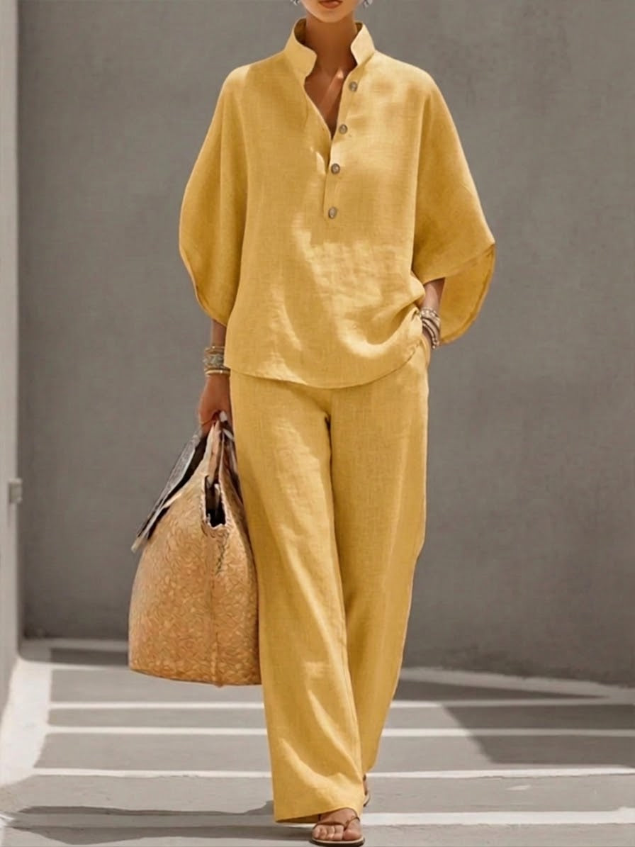 Eszter – Conjunto de algodón-lino con mangas de murciélago y pantalones de pierna ancha