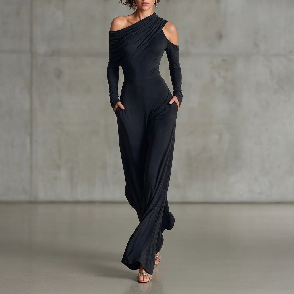 Raffaella | Mono de Fiesta Negro de Un Hombro con Pantalón de Pierna Ancha