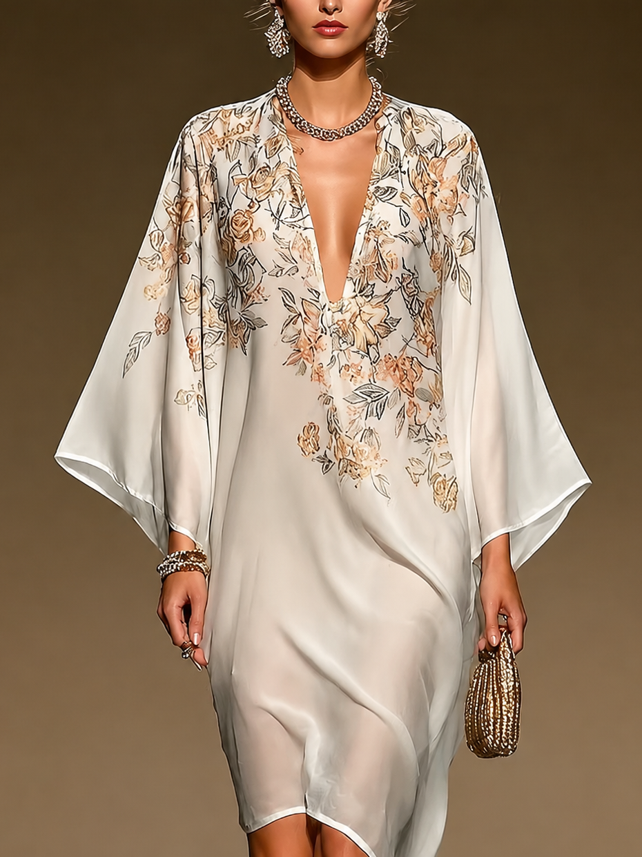 Vestido Caftán de Chiffon Beige con Estampado Floral, Escote en V Profundo, Manga Murciélago, Dobladillo Asimétrico, Vestido Midi Fluido