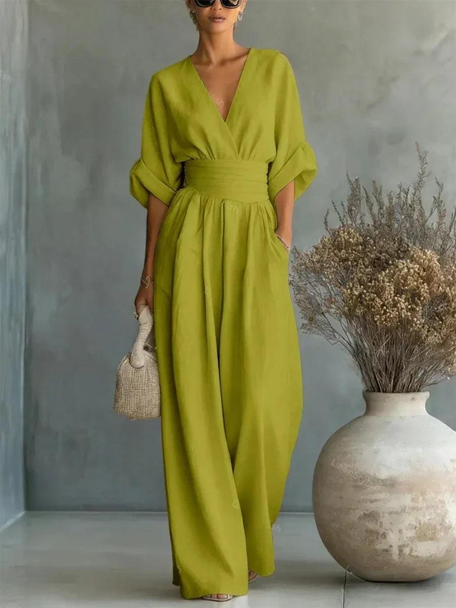Jumpsuit Elegante de Cuello en V y Cintura Alta